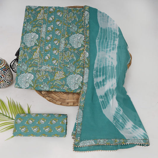 Hand Block Printed Cotton Suit with Hand Embroidery and Pure Chiffon Dupatta