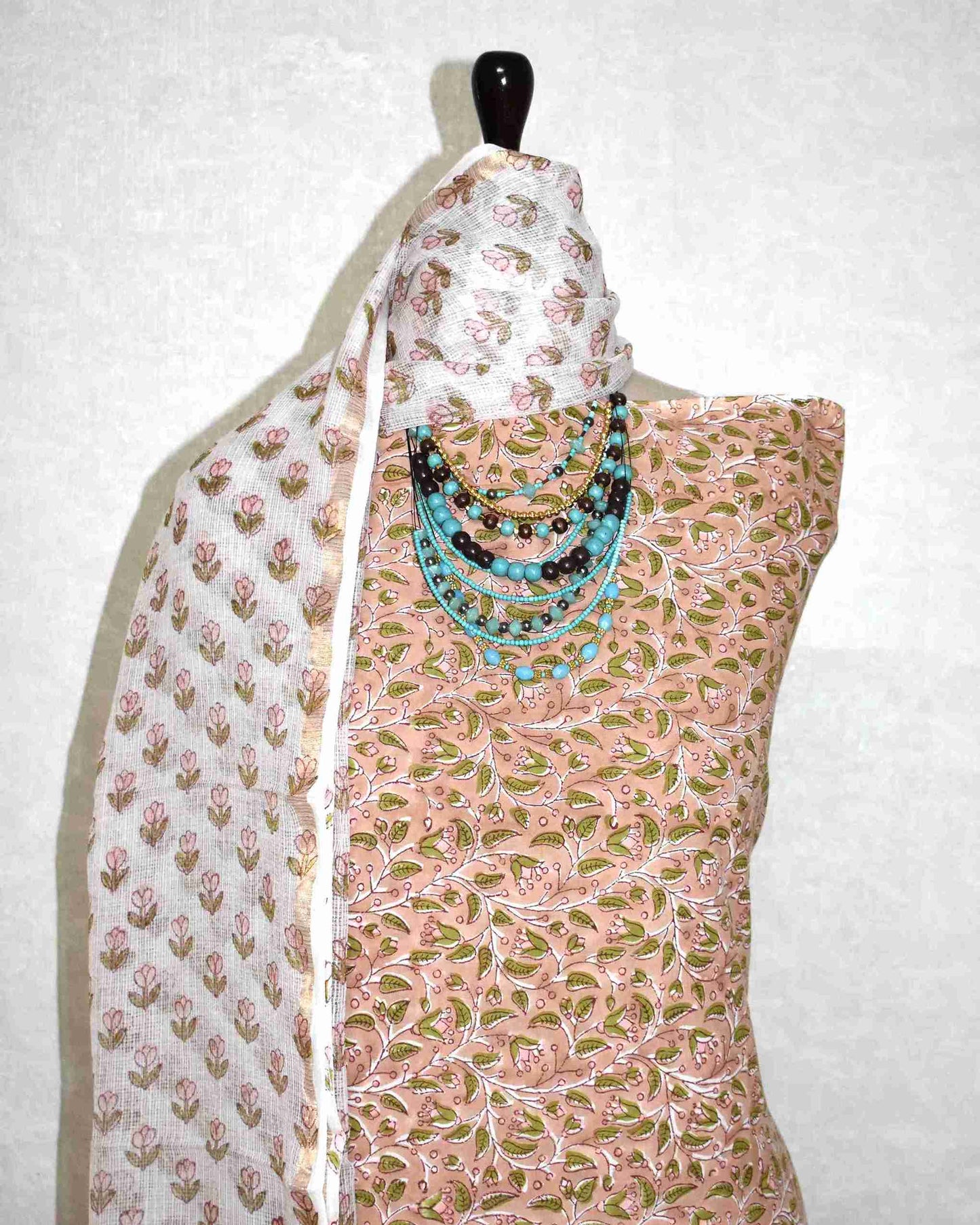 All-over Floral jaal Hand Block Printed Cotton Suit With Kota Doria Dupatta