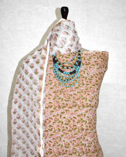 All-over Floral jaal Hand Block Printed Cotton Suit With Kota Doria Dupatta