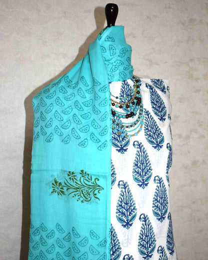 Sanganeri Hand Block Printed Unstitched Cotton Suit Set with malmal dupatta