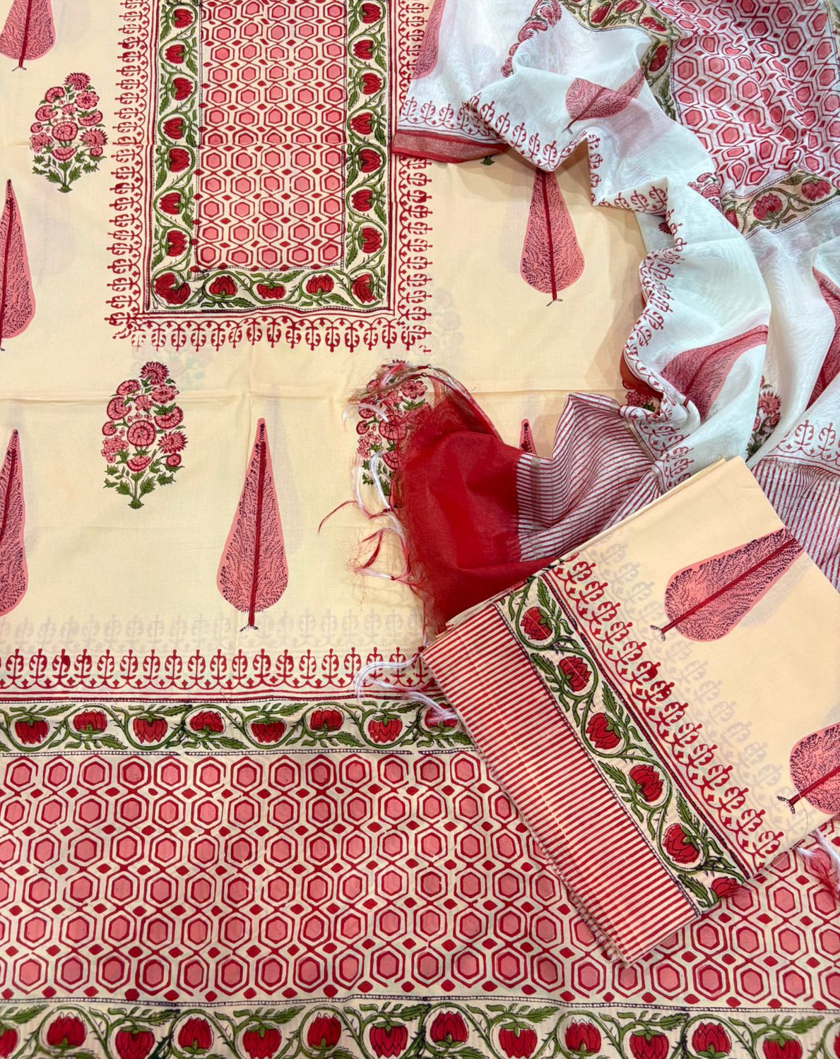 Hand Block Printed Premium Cotton Unstitched Suit with Chanderi Silk Dupatta - Curated Edit
