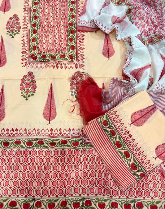 Hand Block Printed Premium Cotton Unstitched Suit with Chanderi Silk Dupatta - Curated Edit