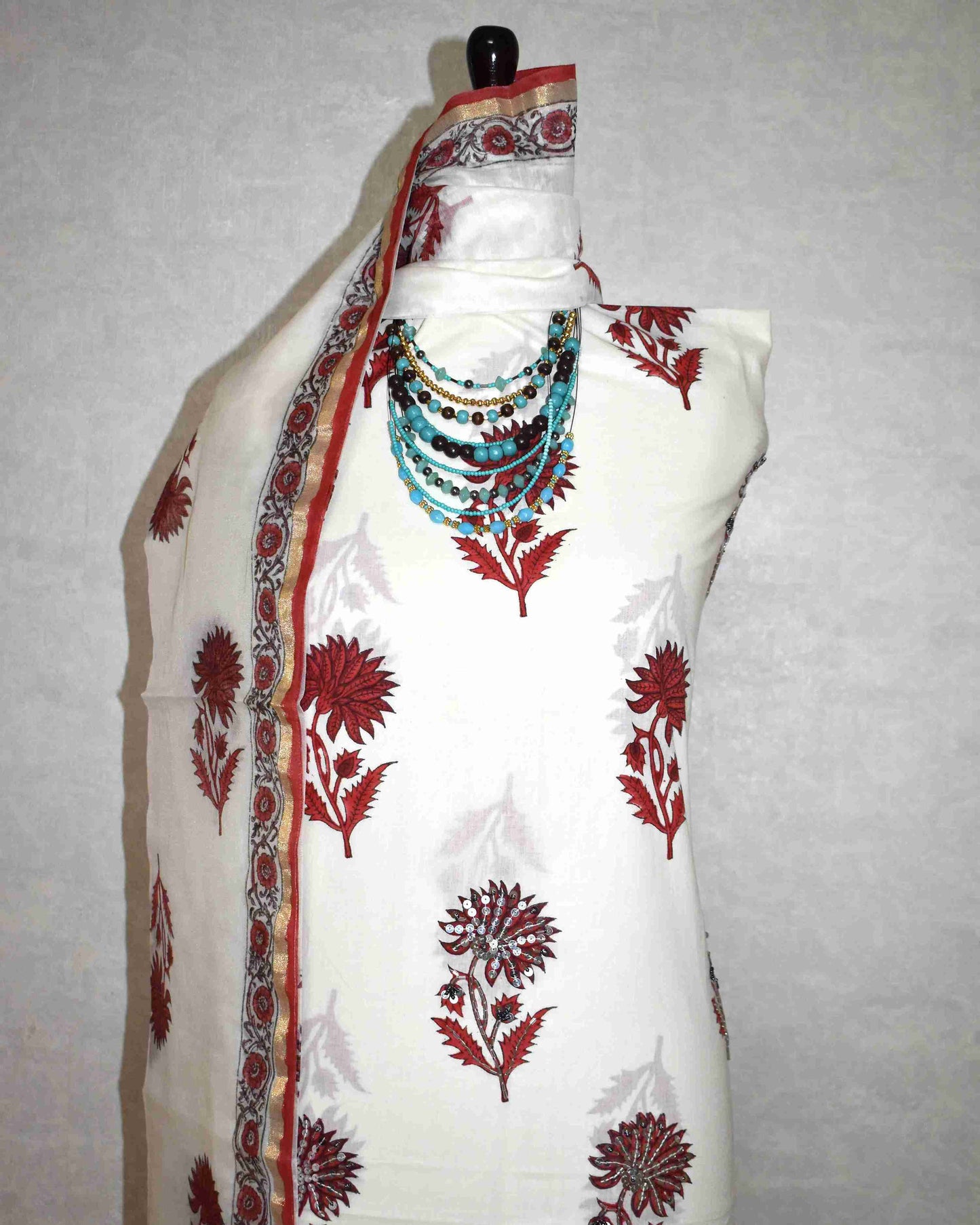 Hand Embroidered and Hand Block Printed Premium Cotton Unstitched Suit with Chanderi Silk Dupatta - Designer Edit