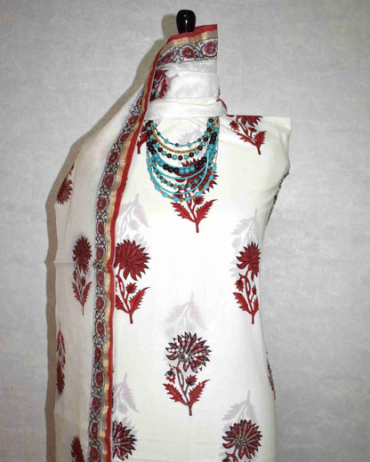 Hand Embroidered and Hand Block Printed Premium Cotton Unstitched Suit with Chanderi Silk Dupatta - Designer Edit