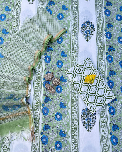 Mughal Floral Placement Hand Block Printed Cotton Suit With Kota Doria Dupatta