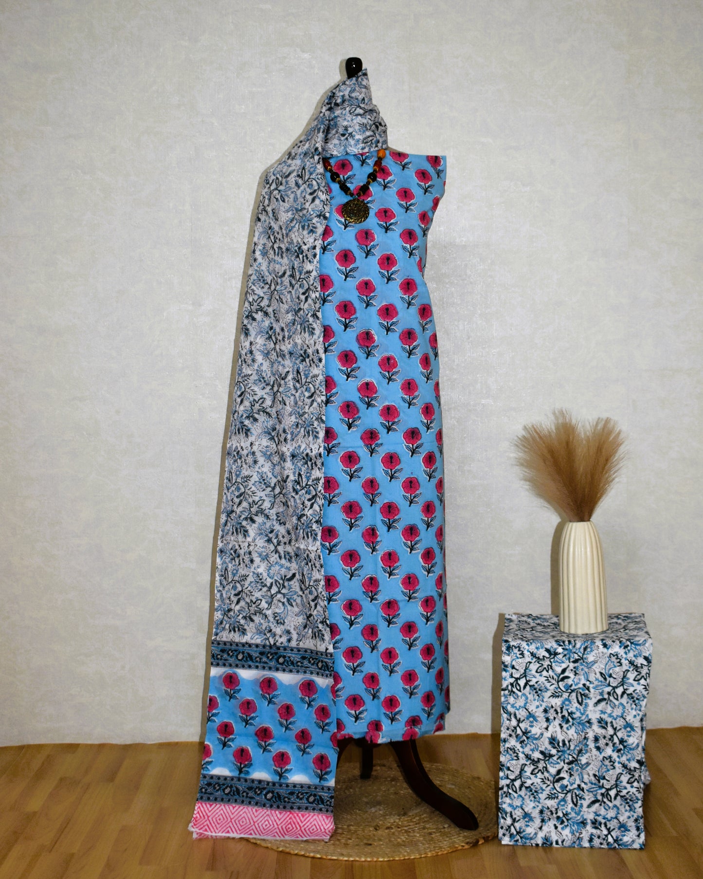 All-over Red Hybiscus Buti in Sky Blue Hand Block Printed Cotton Suit with Malmal Dupatta