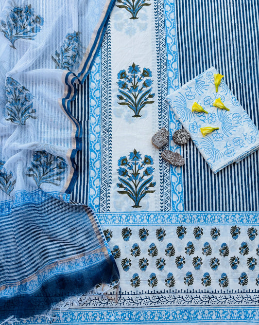Blue Mughal Floral Placement Hand Block Printed Cotton Suit With Kota Doria Dupatta