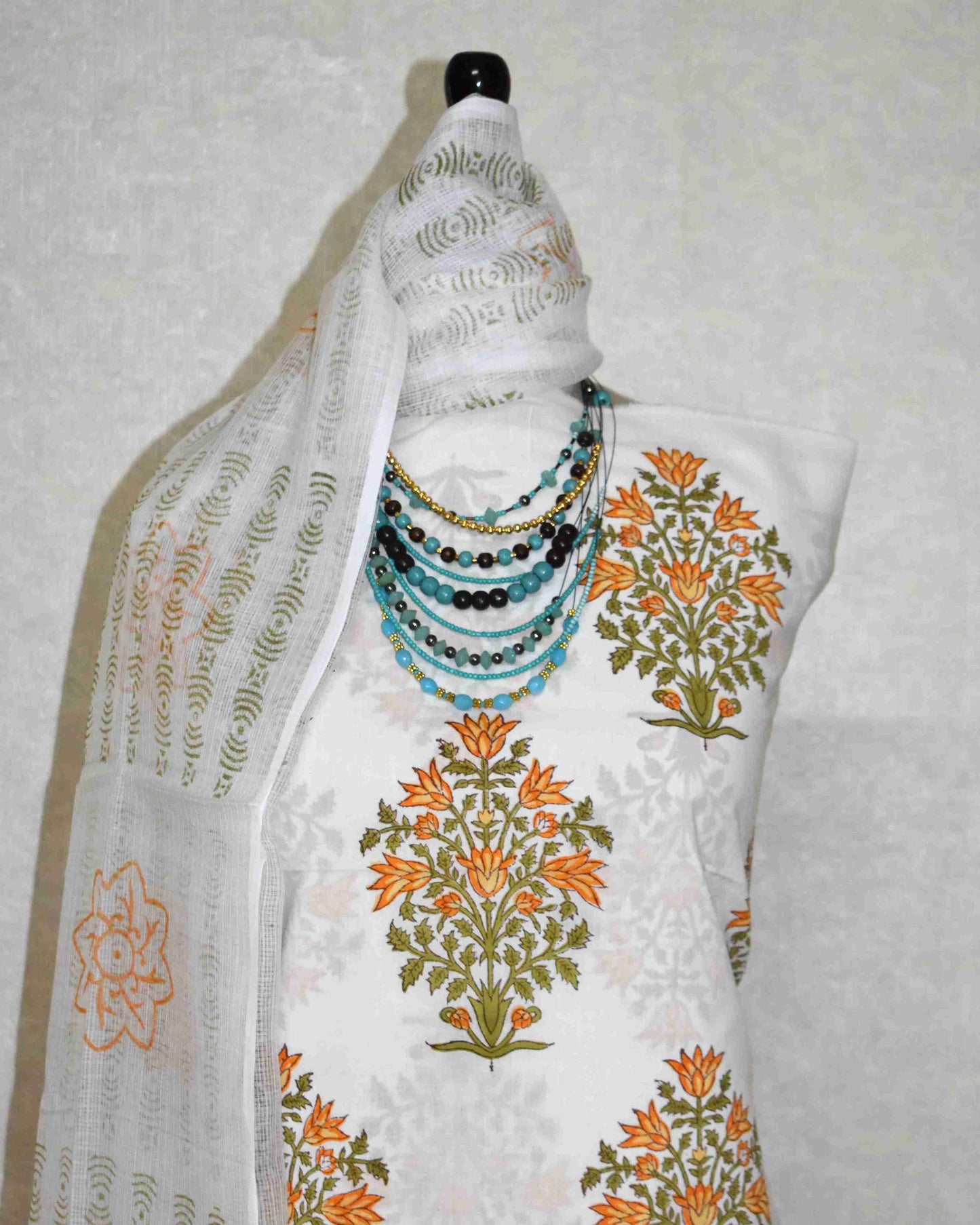 Floral Mughal Buta Hand Block Printed Cotton Suit With Kota Doria Dupatta