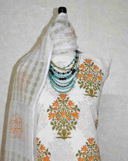 Floral Mughal Buta Hand Block Printed Cotton Suit With Kota Doria Dupatta