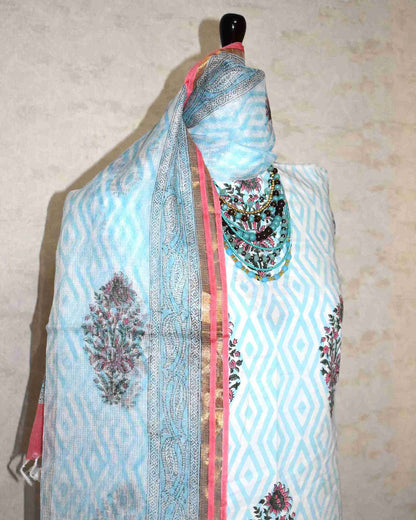 Bagru Hand Block Printed Cotton Suit With Kota Doria Dupatta