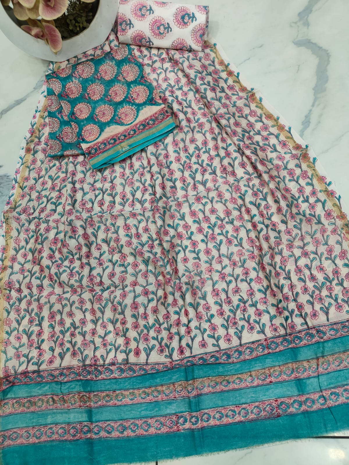 Blue Hand Block Floral Buta Printed Chanderi Silk Suit
