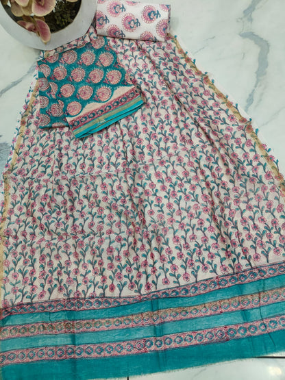 Blue Hand Block Floral Buta Printed Chanderi Silk Suit