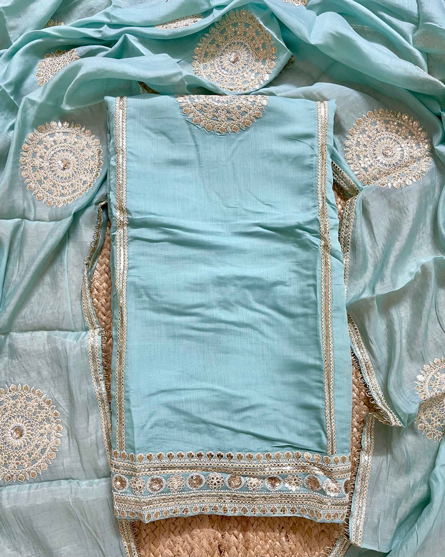 Designer Mal Chanderi Embroidered 3-Piece Suit Set (Powder Blue)
