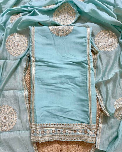 Designer Mal Chanderi Embroidered 3-Piece Suit Set (Powder Blue)