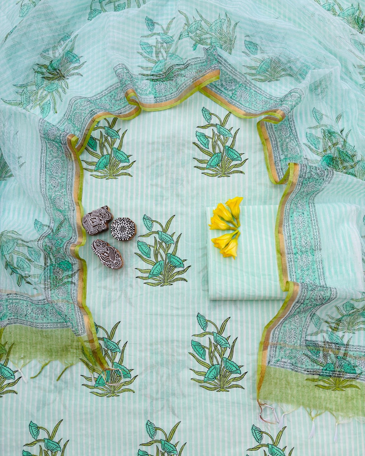 Bagru Hand Block Printed Cotton Suit With Kota Doria Dupatta