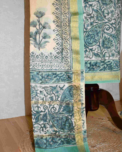 Bagru Sage Green Paisley Printed Maheshwari Silk Suit Set