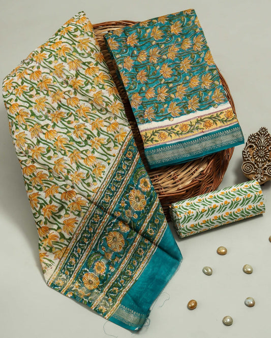 Sanganeri Green String of Flowers printed Maheshwari Silk Suit Set