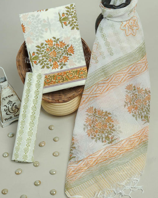 Floral Mughal Buta Hand Block Printed Cotton Suit With Kota Doria Dupatta
