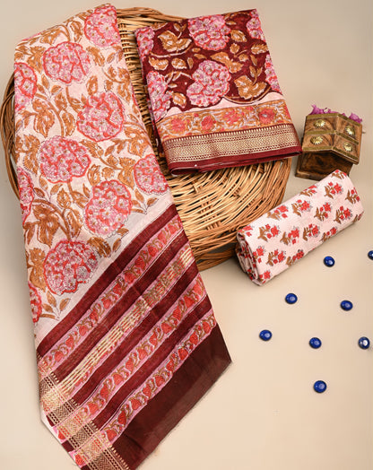 Sanganeri printed Maheshwari Silk Suit Set