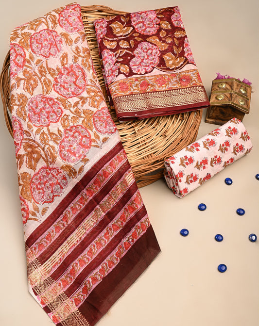 Sanganeri printed Maheshwari Silk Suit Set