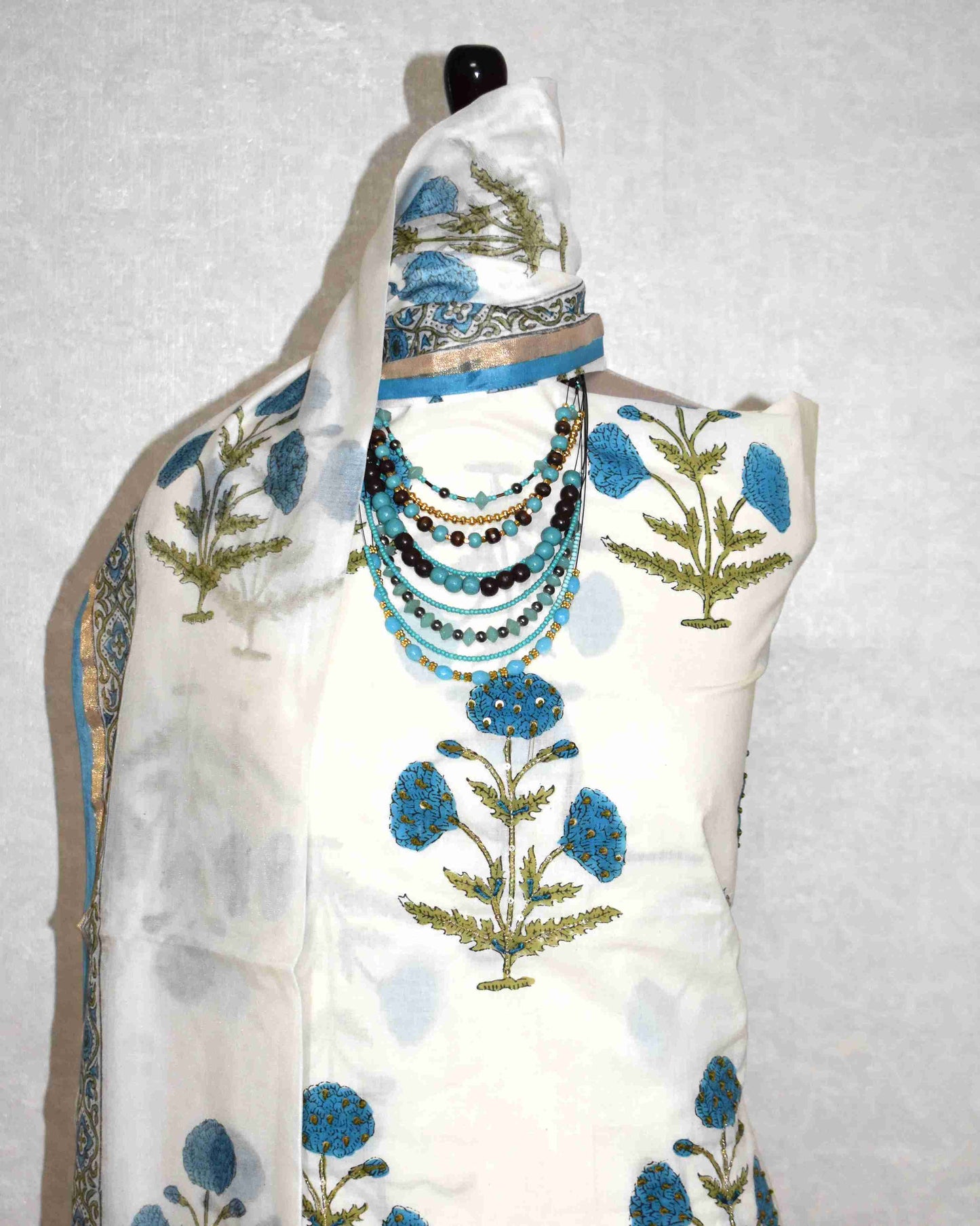 Hand Embroidered and Hand Block Printed Premium Cotton Unstitched Suit with Chanderi Silk Dupatta - Designer Edit