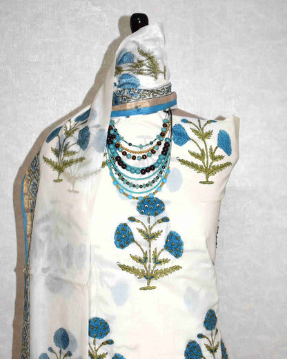Hand Embroidered and Hand Block Printed Premium Cotton Unstitched Suit with Chanderi Silk Dupatta - Designer Edit
