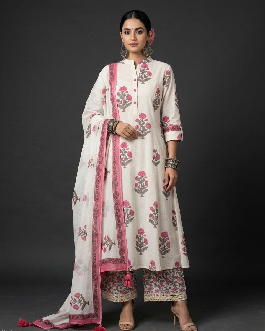 Pink Floral Jaipuri Printed Unstitched Cotton Suit Set with malmal dupatta
