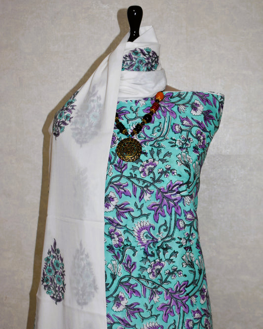 All-over Botanical Jaal in Mint Green with Lilac Flowers Hand Block Printed Cotton Suit with Malmal Dupatta