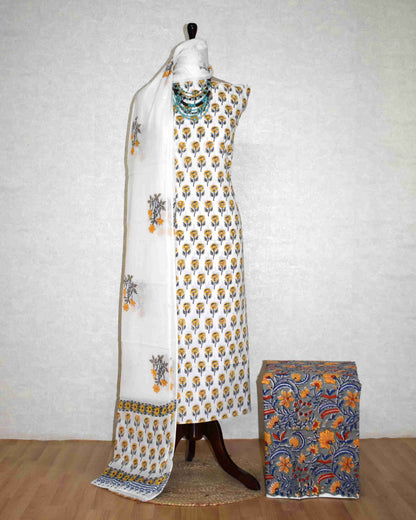 Sanganeri Hand Block Printed Unstitched Cotton Suit Set with malmal dupatta