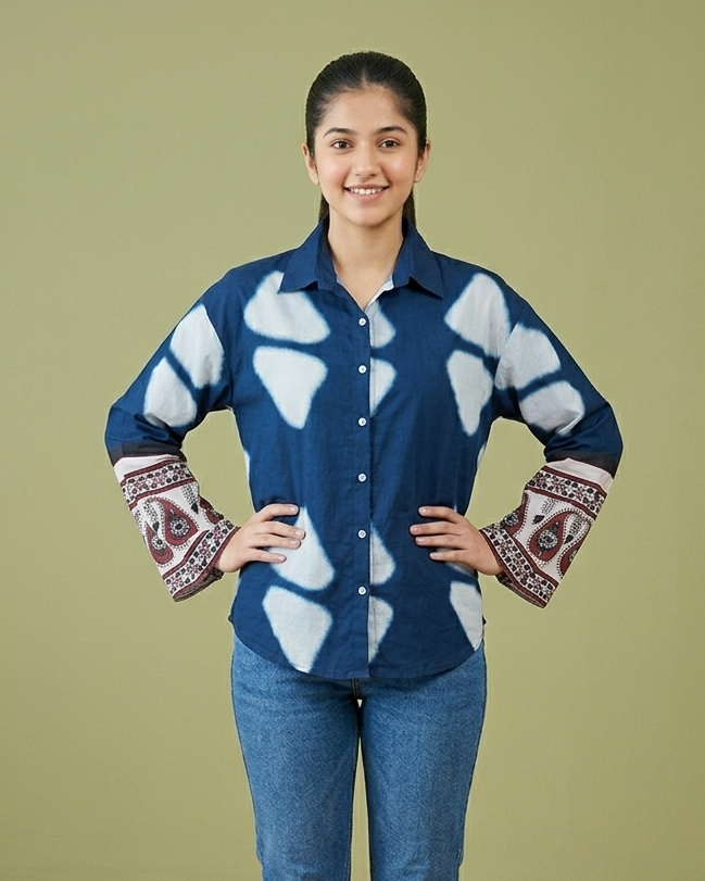 Boho Indigo Casual Shirt With Bell Sleeves