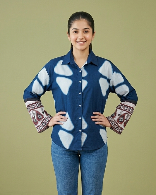 Boho Indigo Casual Shirt With Bell Sleeves