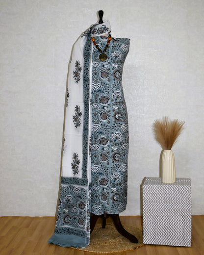 All-over Botanical in Blue Grey Hand Block Printed Cotton Suit with Malmal Dupatta