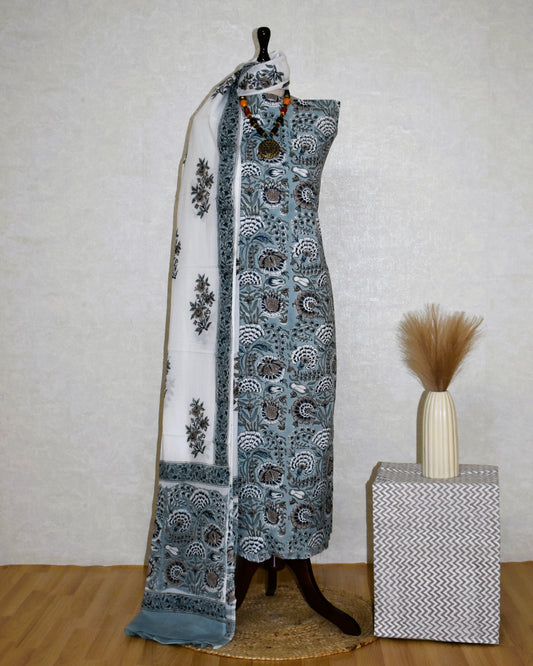 All-over Botanical in Blue Grey Hand Block Printed Cotton Suit with Malmal Dupatta