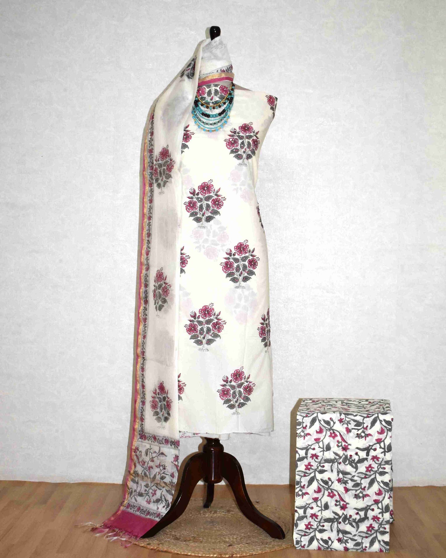 Hand Embroidered and Hand Block Printed Premium Cotton Unstitched Suit with Chanderi Silk Dupatta - Designer Edit