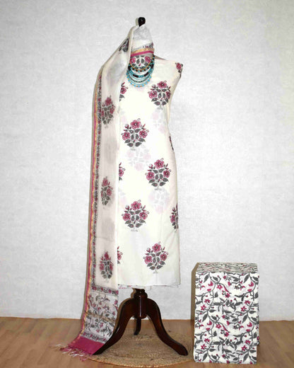 Hand Embroidered and Hand Block Printed Premium Cotton Unstitched Suit with Chanderi Silk Dupatta - Designer Edit