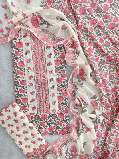 Pink All-over Floral Hand Block Printed Cotton Suit with Neck Work and Malmal Dupatta
