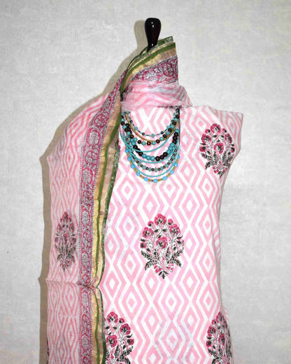 Bagru Hand Block Printed Cotton Suit With Kota Doria Dupatta