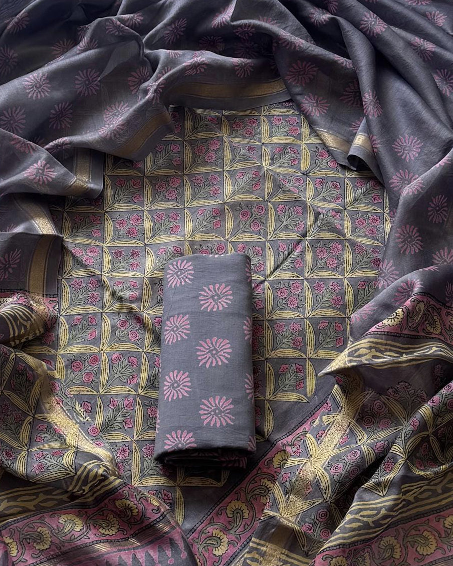 Sanganeri printed Maheshwari Silk Suit Set