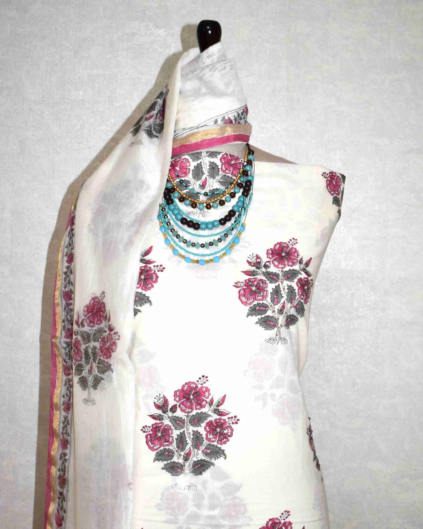 Hand Embroidered and Hand Block Printed Premium Cotton Unstitched Suit with Chanderi Silk Dupatta - Designer Edit
