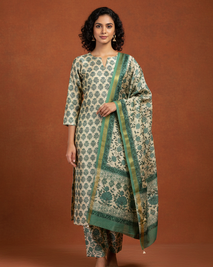 Sage Green Floral Buti Printed Maheshwari Silk Suit Set