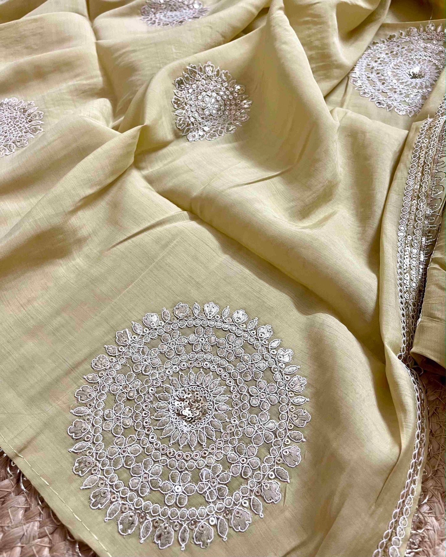 Designer Mal Chanderi Embroidered 3-Piece Suit Set (Mehndi Green)