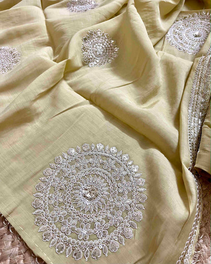 Designer Mal Chanderi Embroidered 3-Piece Suit Set (Mehndi Green)