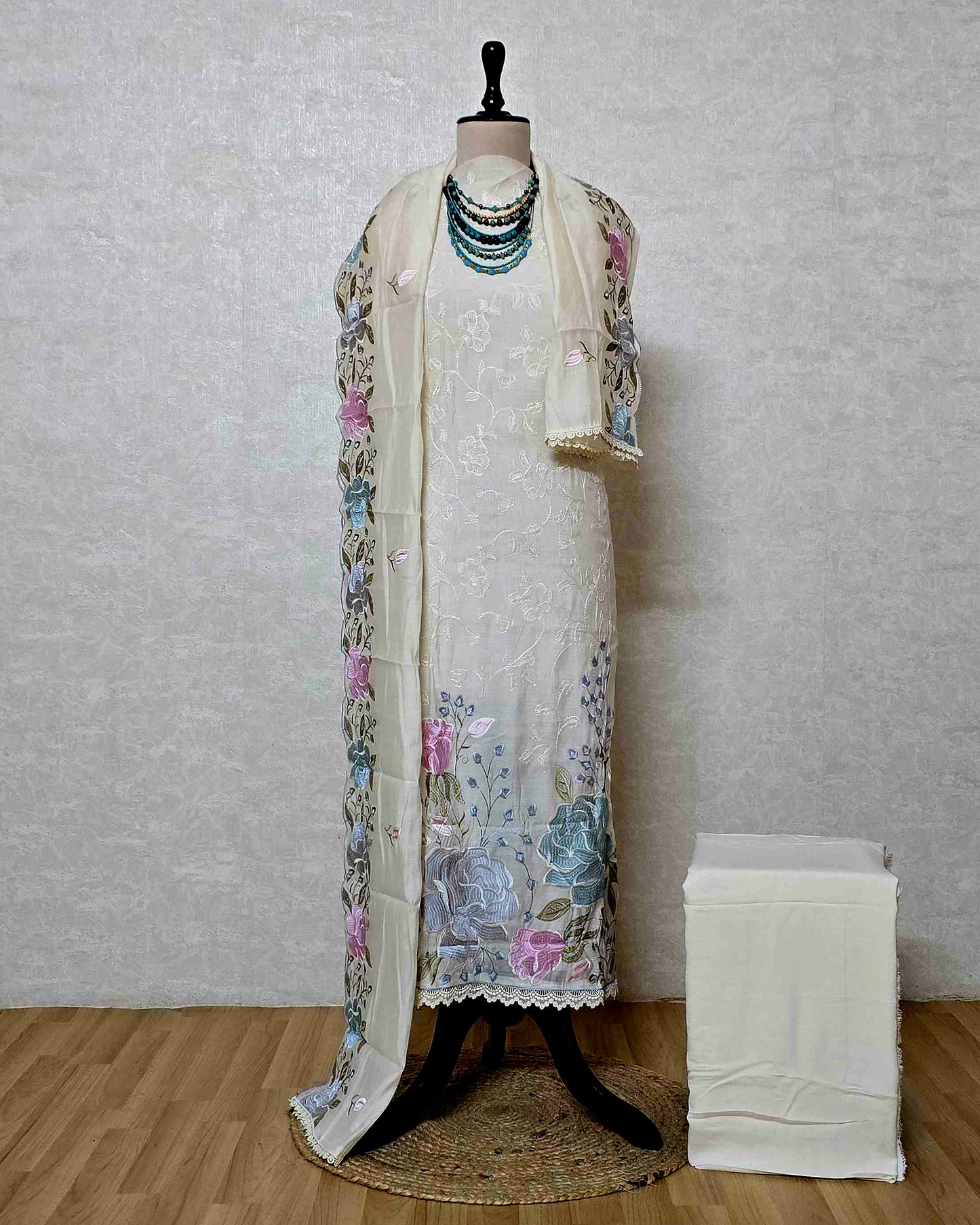 Ivory Bloom Embroidered Mal Chanderi Suit Set with Scalloped Dupatta