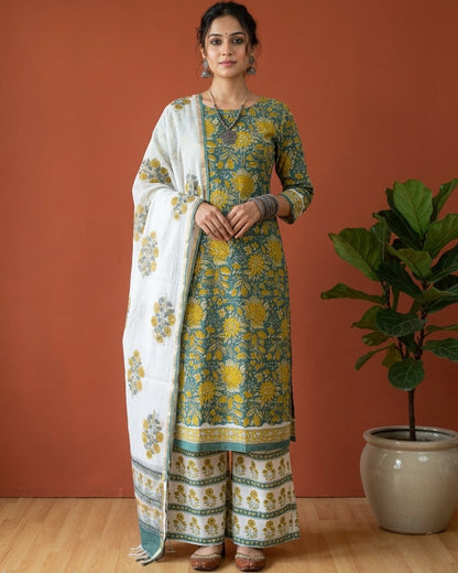 Olive Green All-over Floral Hand Block Printed Cotton Suit With Kota Doria Dupatta