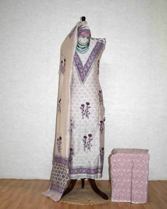 Hand Block Printed Chanderi Silk Suit with Santoon Bottom and Chanderi Silk Dupatta