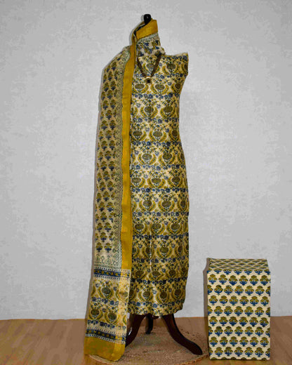 Temple Gold Bagru Floral Jaal Printed Maheshwari Silk Suit Set