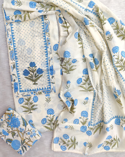 Hand Block Printed Cotton Suit with Elegant Neckwork and Soft Malmal Dupatta