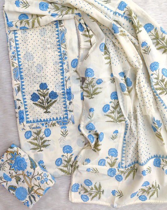 Hand Block Printed Cotton Suit with Elegant Neckwork and Soft Malmal Dupatta