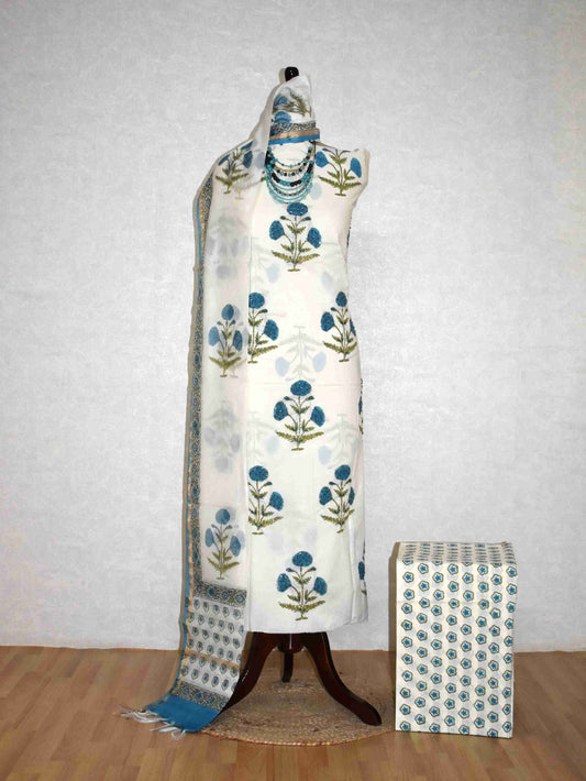 Hand Embroidered and Hand Block Printed Premium Cotton Unstitched Suit with Chanderi Silk Dupatta - Designer Edit