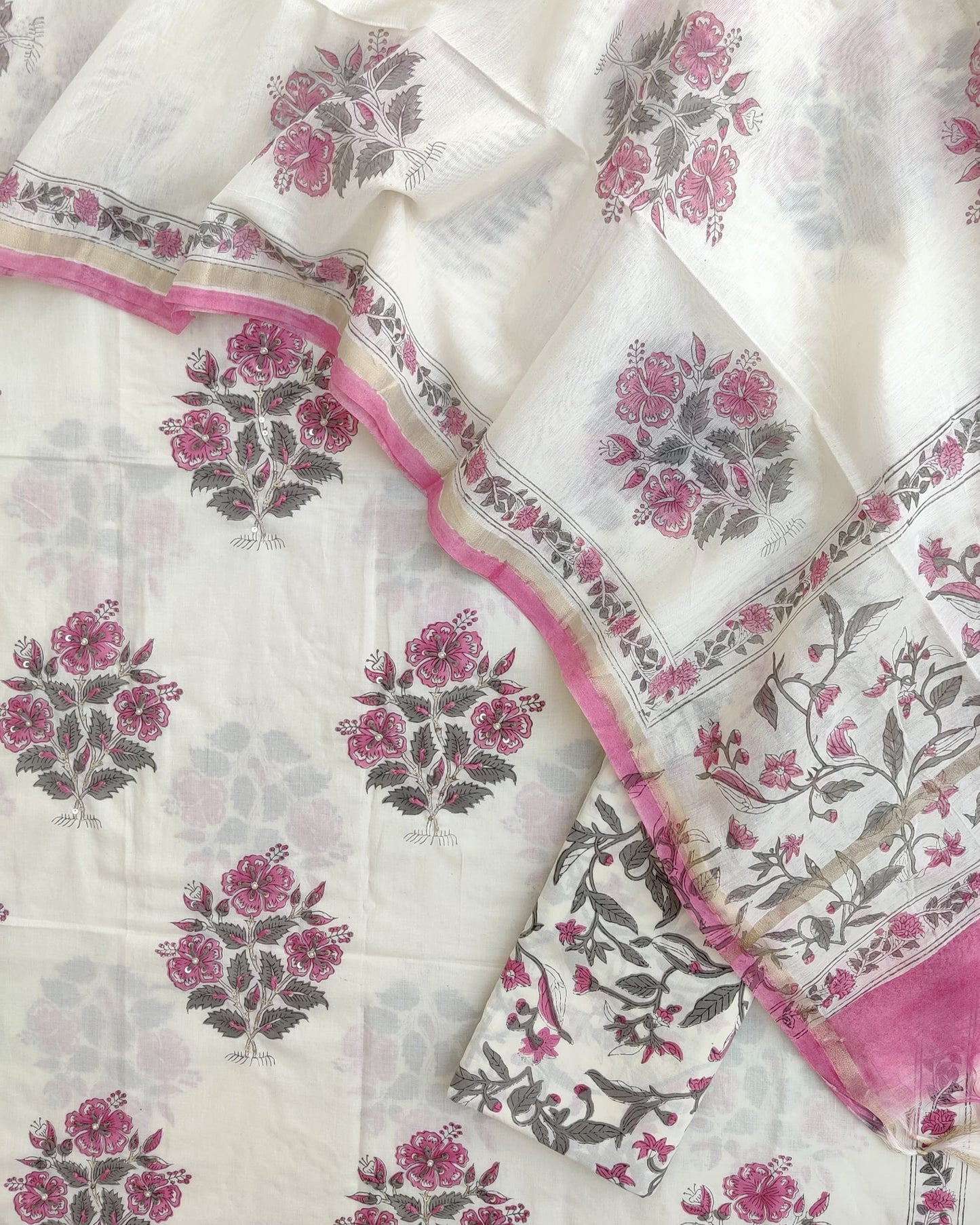 Hand Embroidered and Hand Block Printed Premium Cotton Unstitched Suit with Chanderi Silk Dupatta - Designer Edit